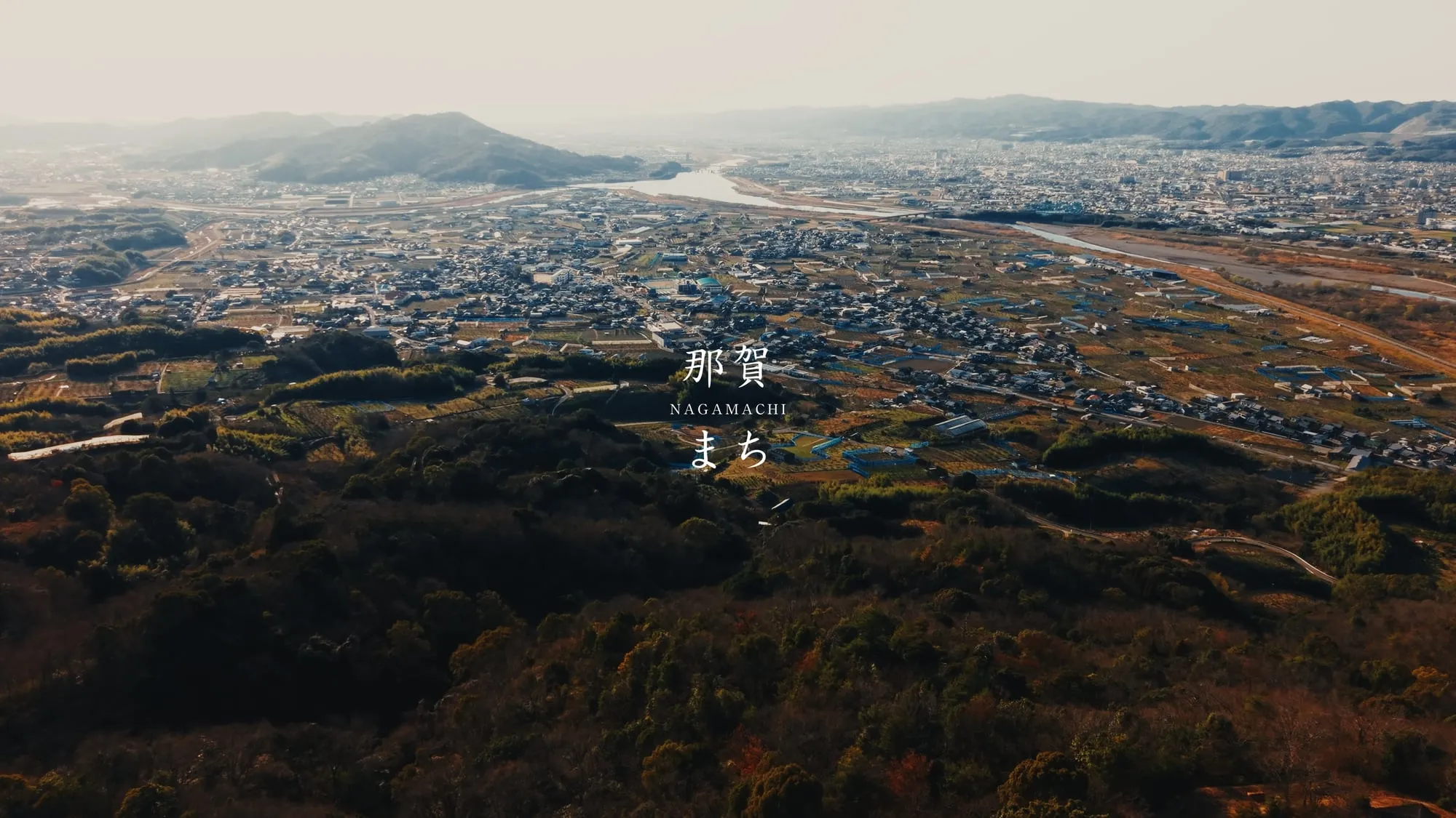 那賀町を空から見た俯瞰。中央を紀の川が流れ、手前に山林、奥に町並みと山並みが霞む